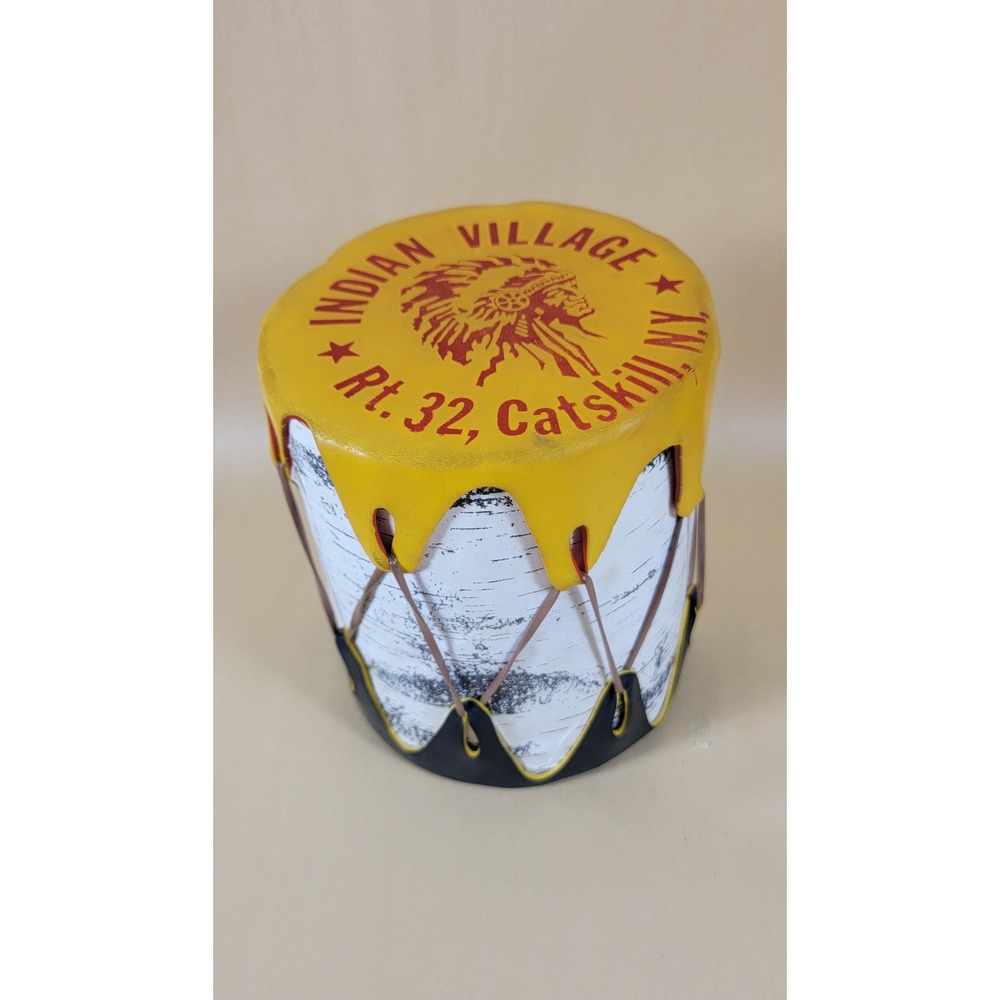 Vintage Indian Village Rt 32 Catskill NY Souvenir Drum Birch Bark Style Yellow